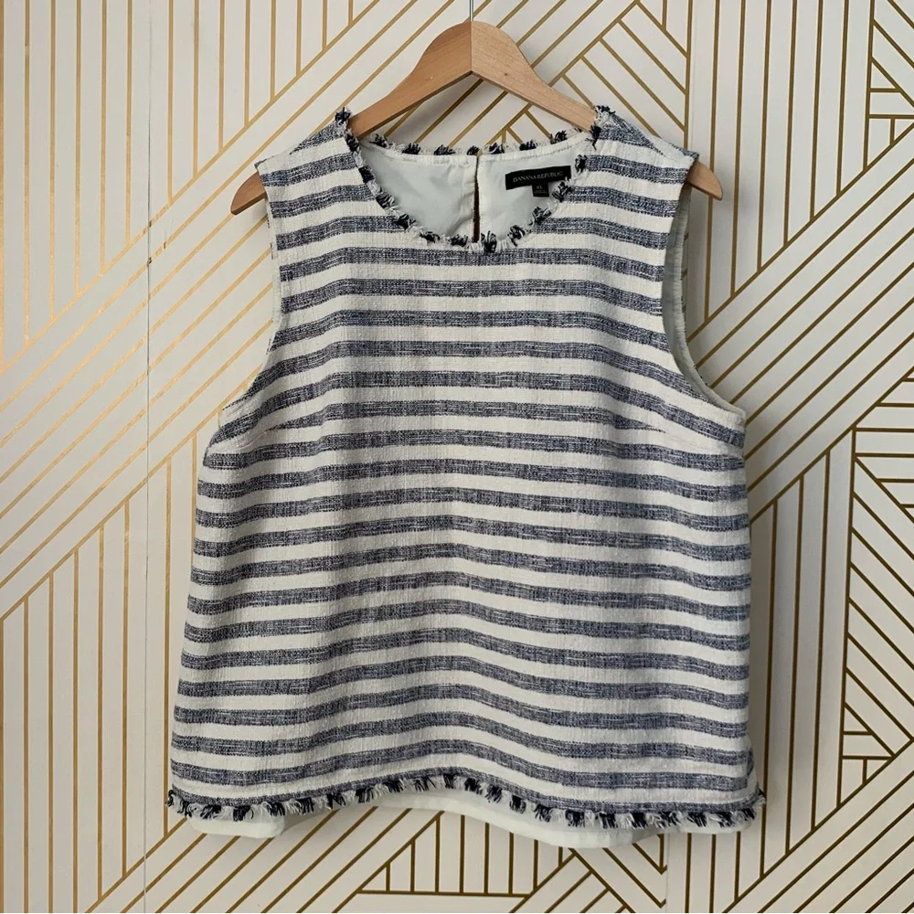Banana Republic Fringe Striped Tank Shell sleeveless fringe hem Cotton blend XL - Picture 2 of 11